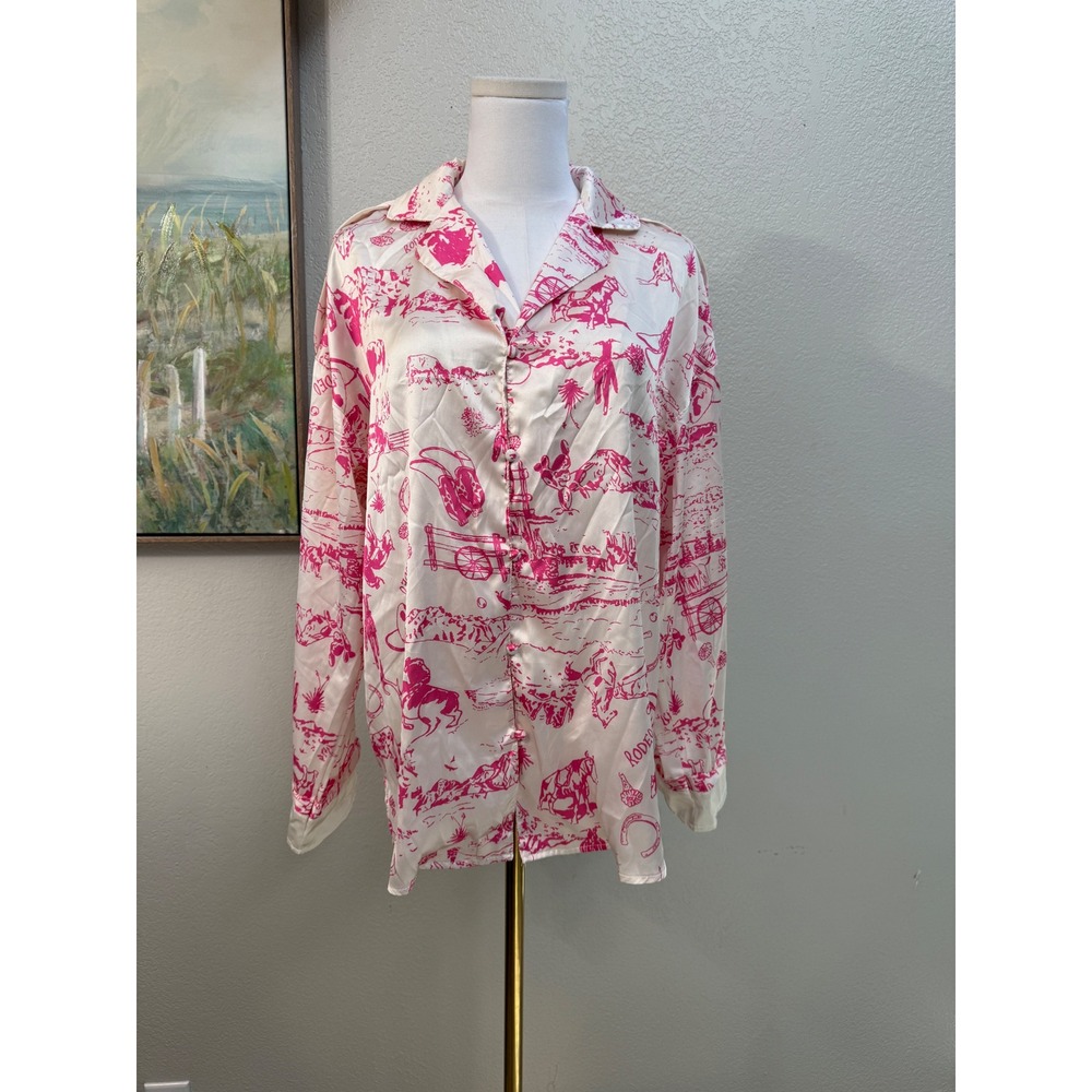 Pink Rodeo Western Toile Button Up Shirt Cowgirl Medium